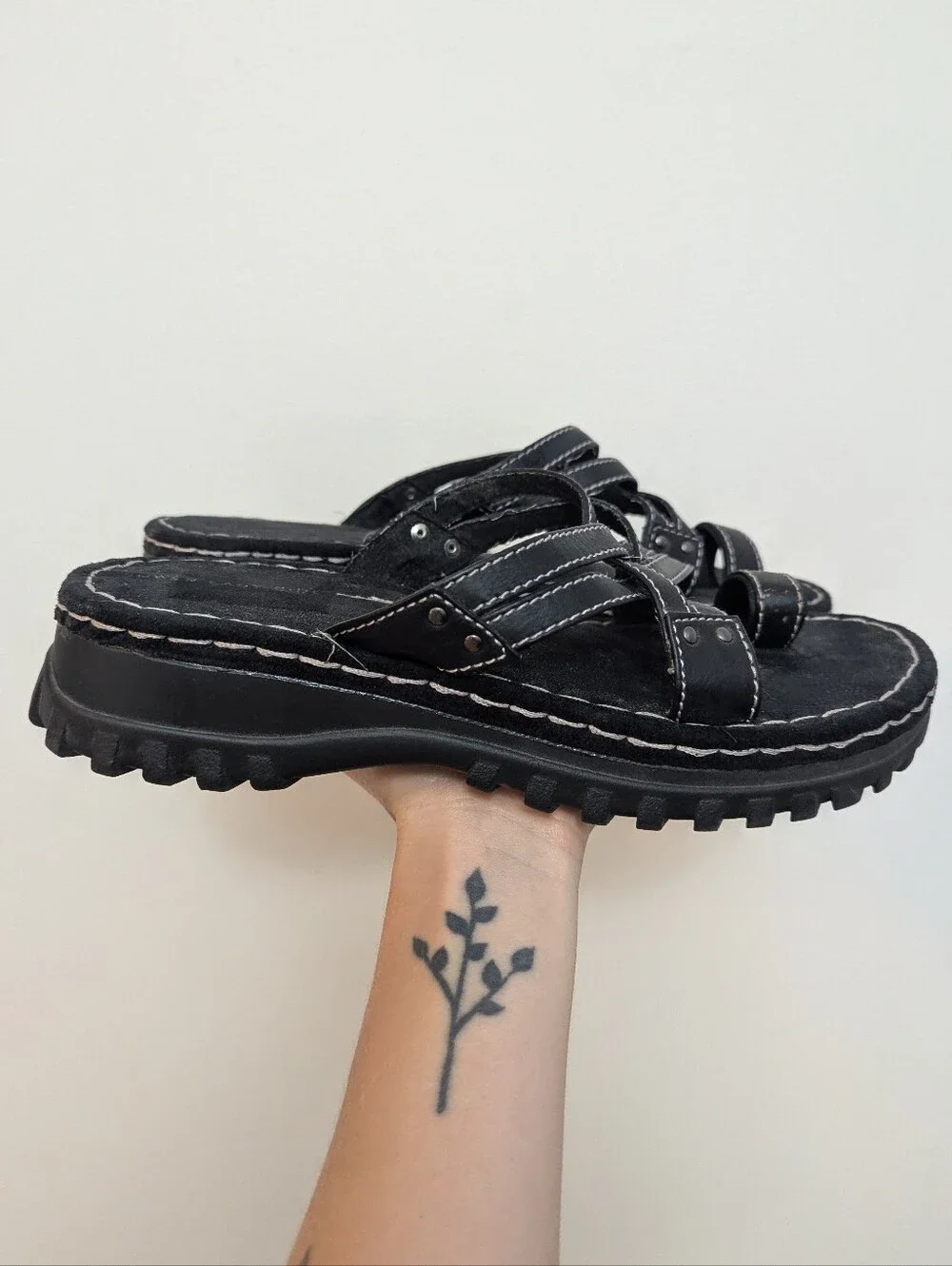 Vintage 90s Lower East Side Chunky Platform Strappy Slide Sandals Black Leather